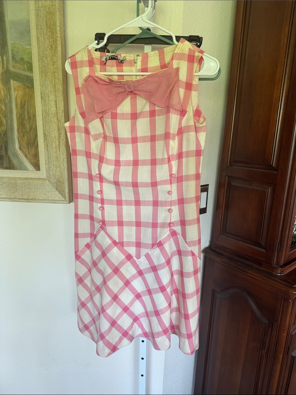 Vintage Pink Plaid Mini Bowtie Dress GUC No Size Tag - Likely Small